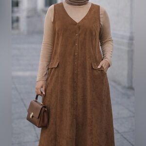 Women’s Jumper overall Button Maxi brown Dress Sz 32W Faux Suede Sleeveless EUC